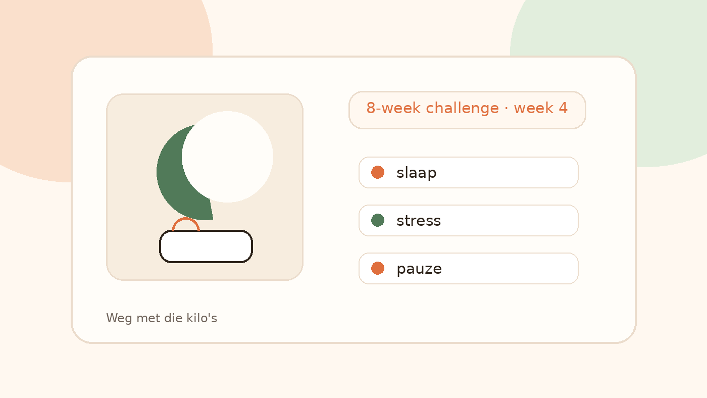Warme illustratie van slaap, stress en pauzekaartjes voor snackdrang in week 4